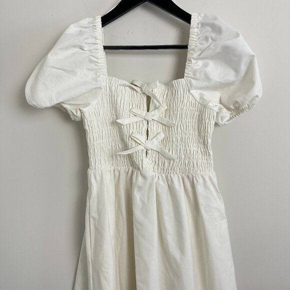ASTR the Label Bow Detail Smock Bodice Cotton Blend Dress in White Size Medium - Picture 3 of 8